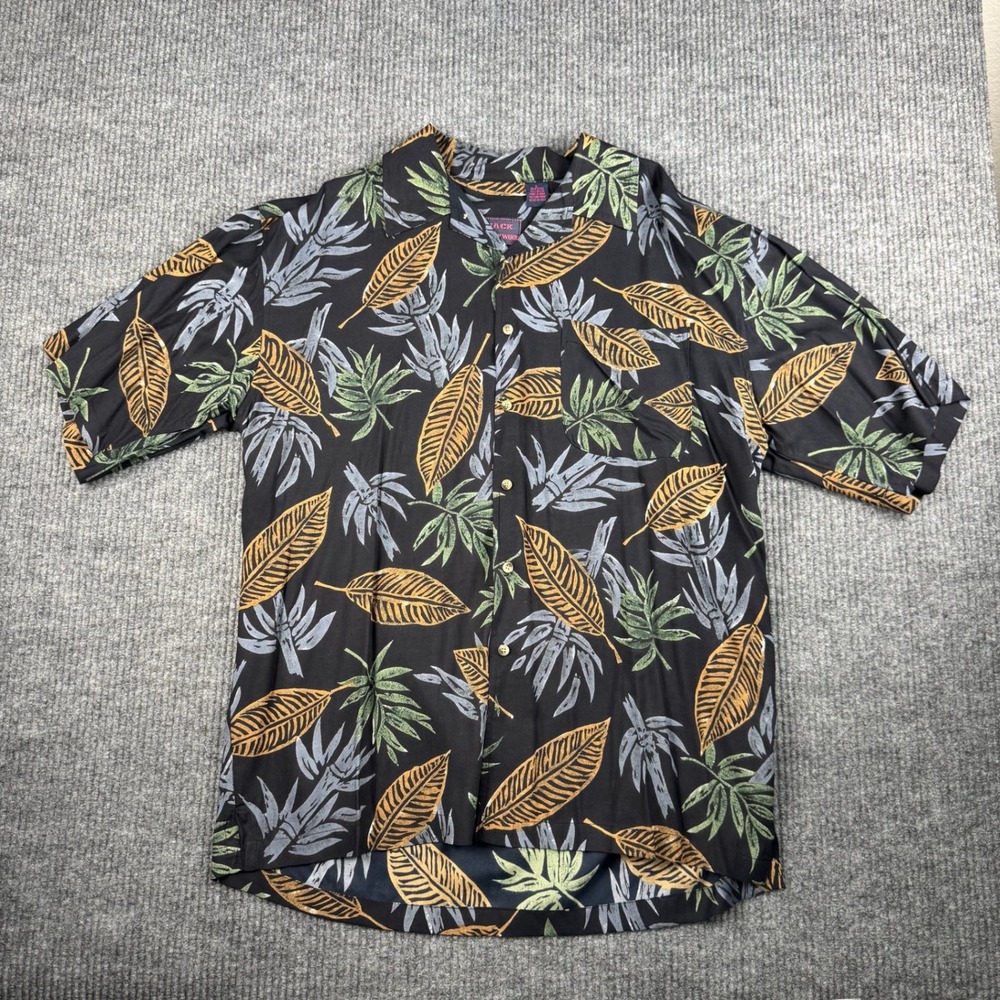 Vtg 90s Jack Hollywood Button Up Shirt Mens L Tropical Leaf Rayon Short Sleeve